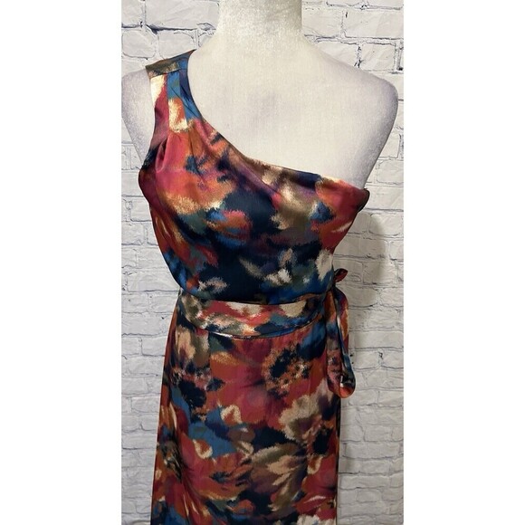 Nicole Miller NY Floral Silky Split Leg One Shoulder Maxi Dress Belted Size 6 - Picture 3 of 9